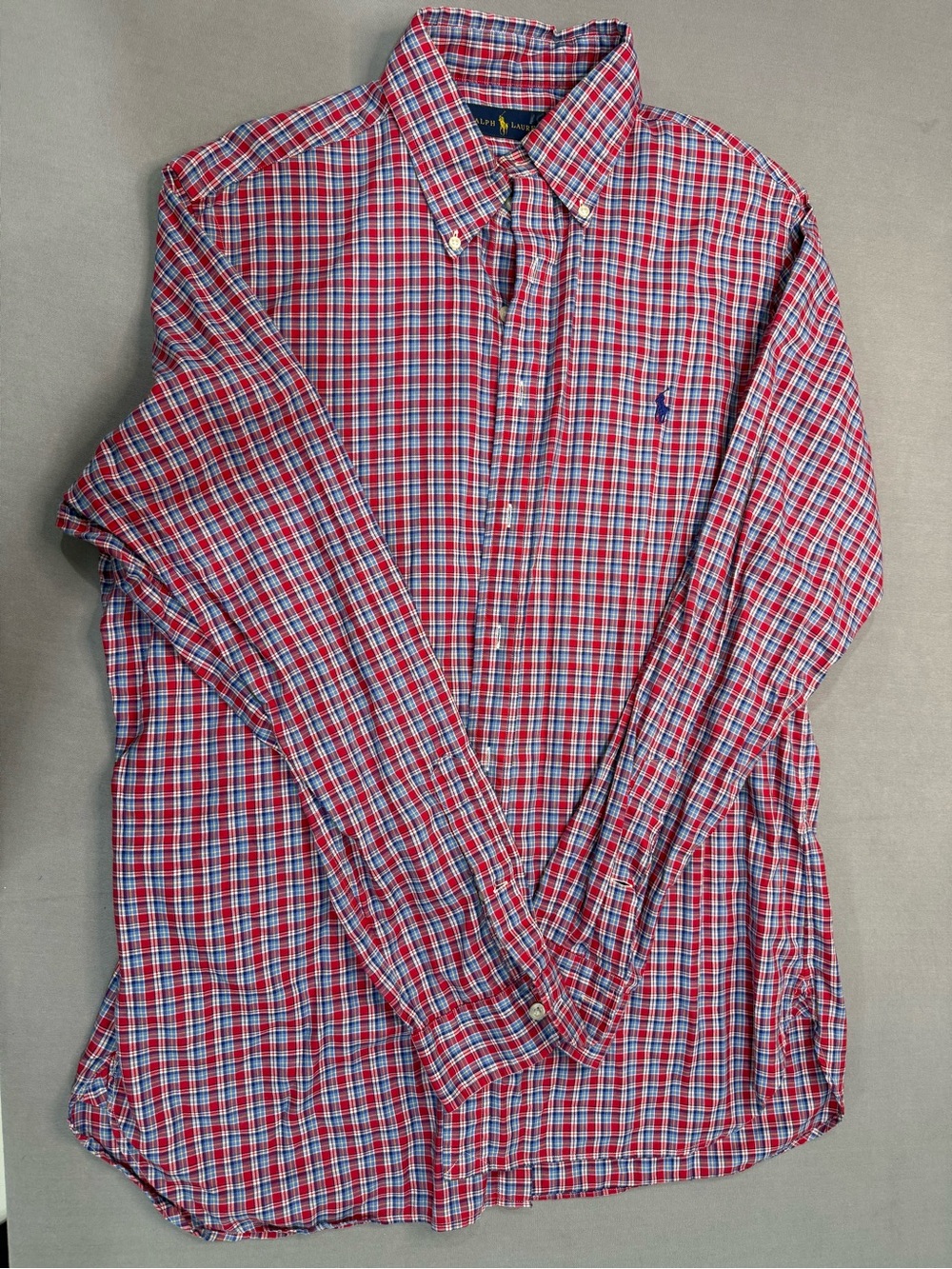 Ralph Lauren Men's L Red Blue White Plaid Woven Button-Down Button-Up Large #116